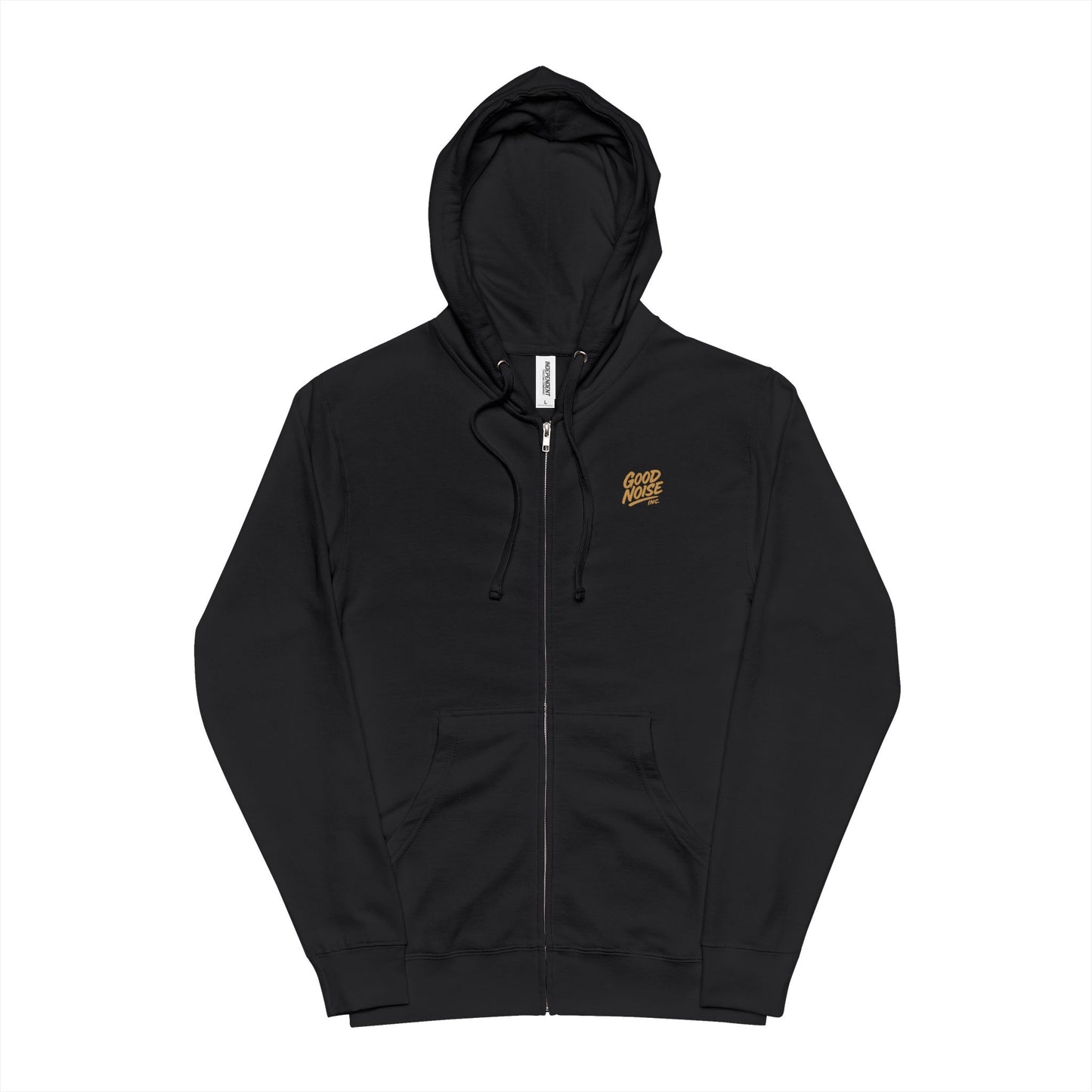 Black hoodie with a small logo on the chest against a white background