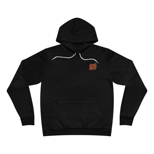 Black hoodie with a logo on the chest against a white background