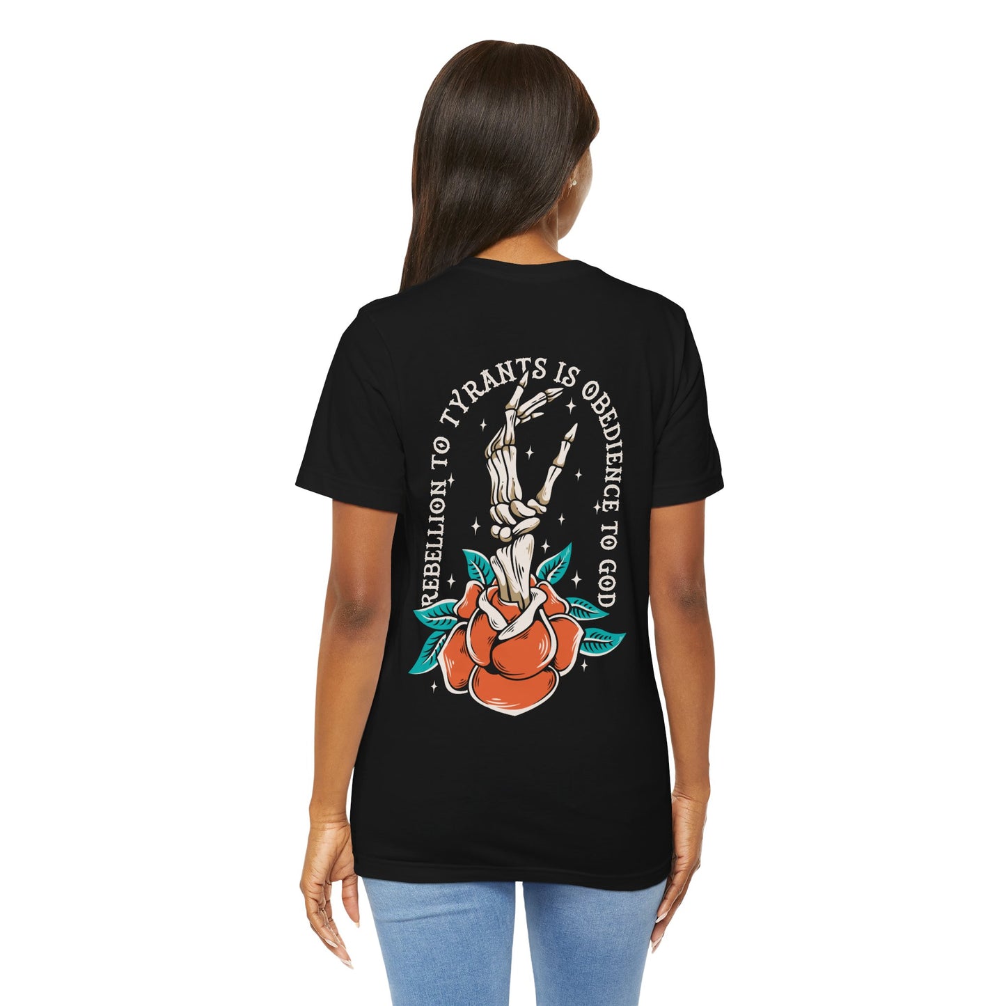 Black t-shirt with a graphic design on the back, worn by a person.