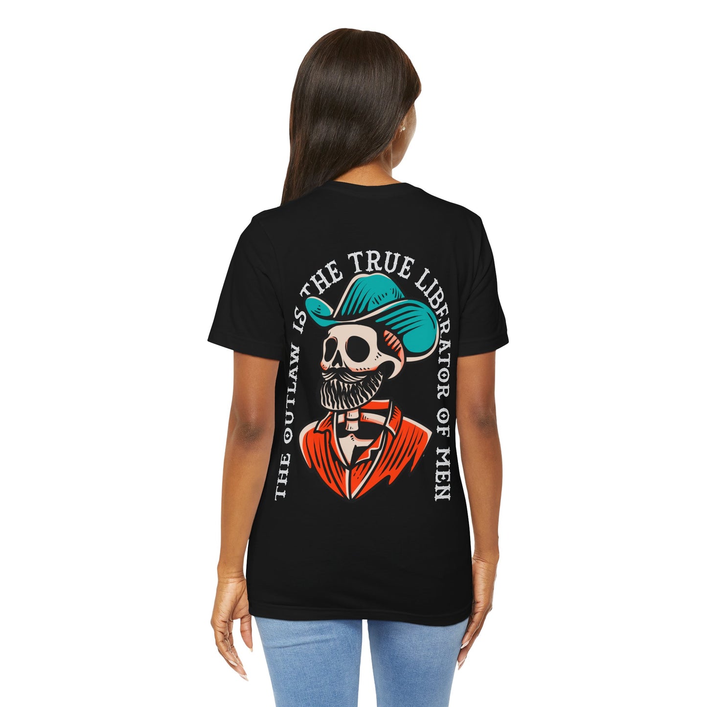Black t-shirt with a skeleton design and text worn by a person on a white background