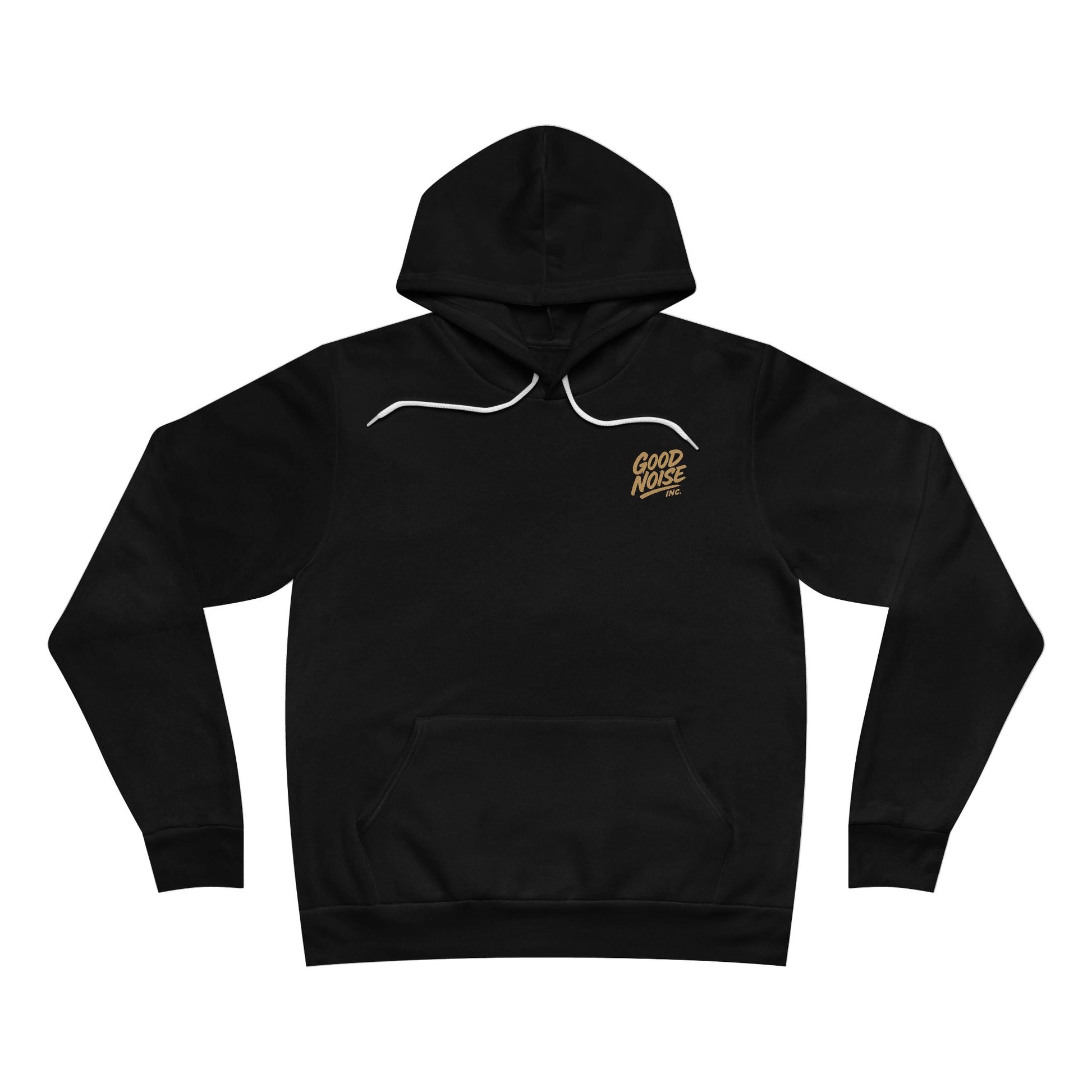 Black hoodie with a logo on the chest against a white background