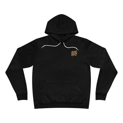 Black hoodie with a logo on the chest against a white background