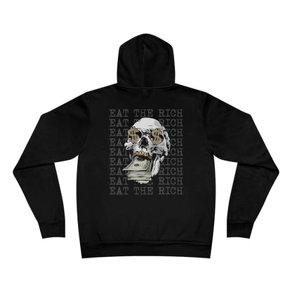 Black hoodie with skull and money design on the back, text 'Eat the Rich' repeated, on a white background.