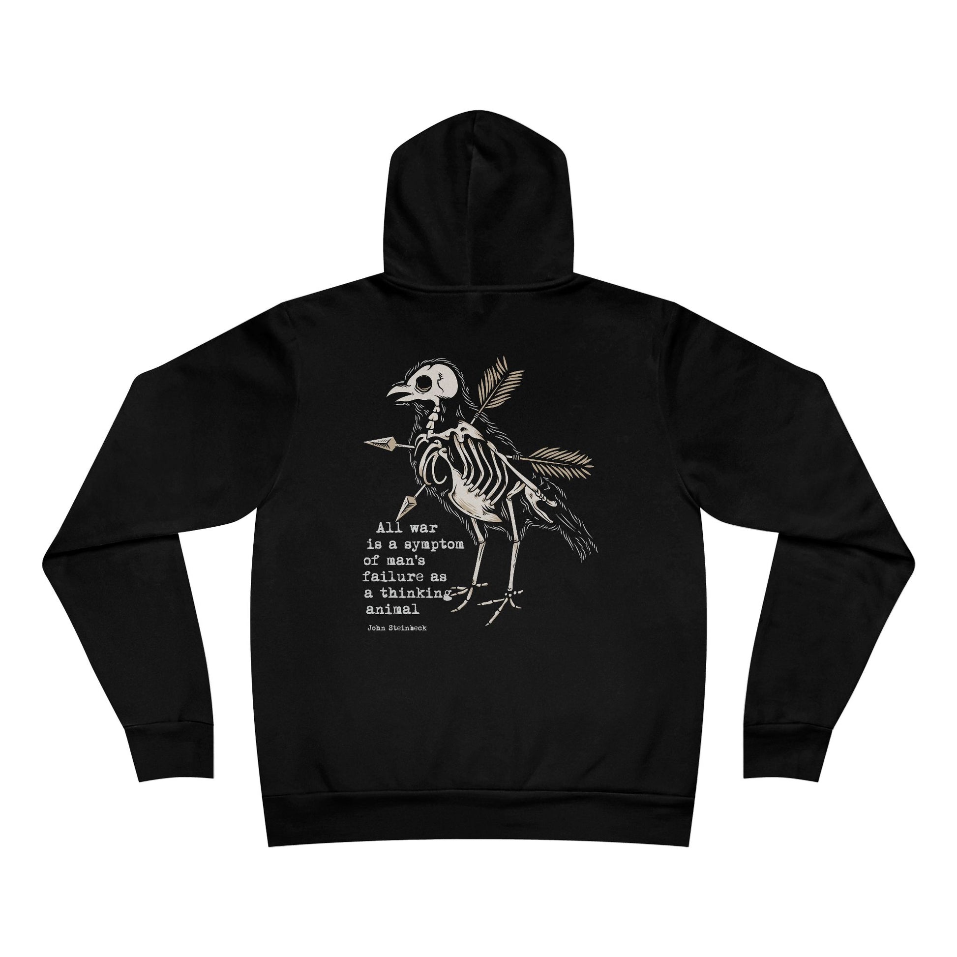 Black hoodie with a white graphic design on the back
