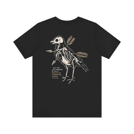 Black t-shirt with a white skeleton bird design on a white background