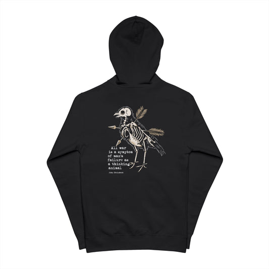 Black hoodie with skeleton bird design and text on a white background