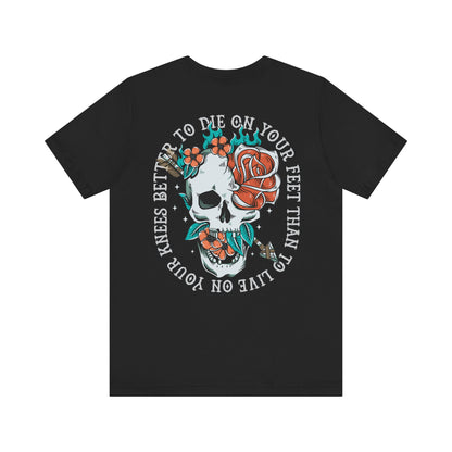 Black t-shirt with a skull and floral design on a white background
