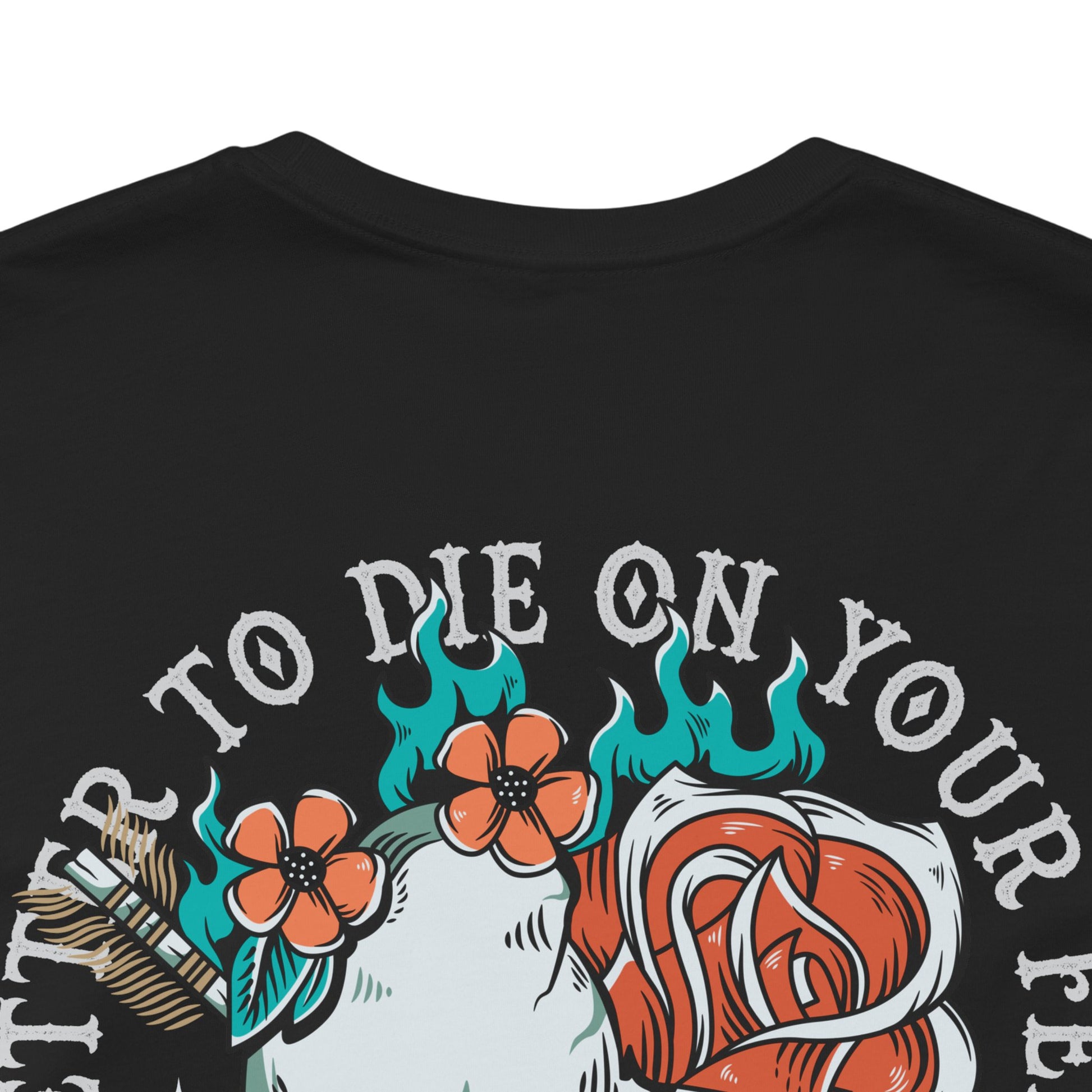 Black t-shirt with graphic design featuring flowers and text on a white background