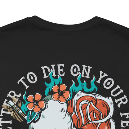 Black t-shirt with graphic design featuring flowers and text on a white background