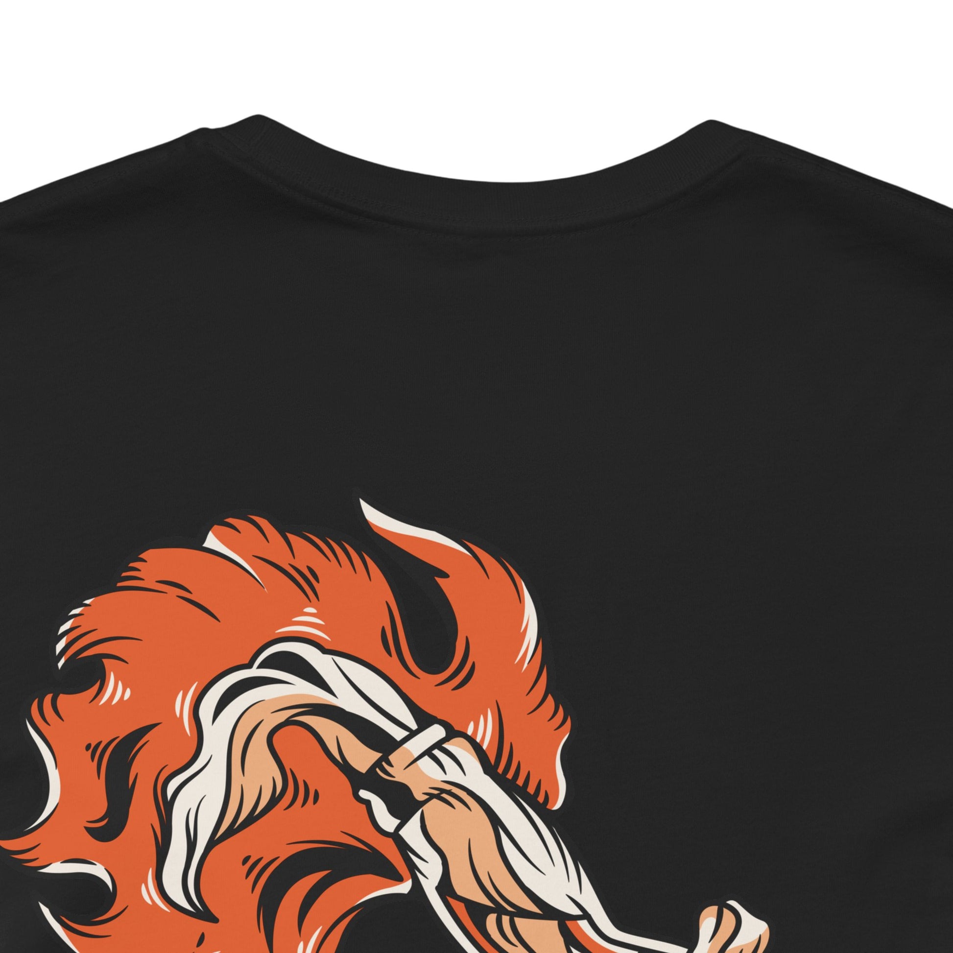 Black t-shirt with a graphic design of a red and white bottle on a black background