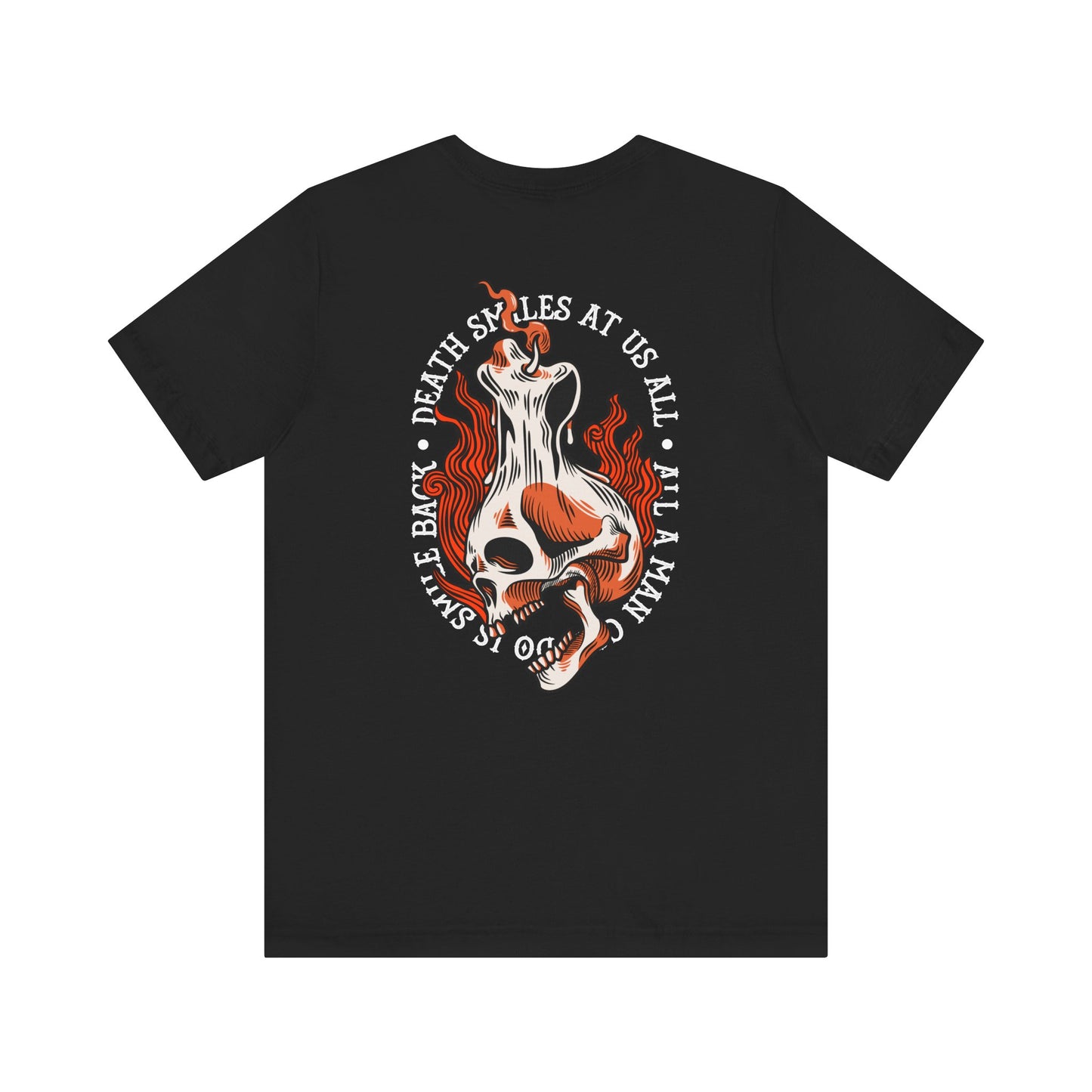 Black t-shirt with a graphic design featuring a skeleton and text on a white background