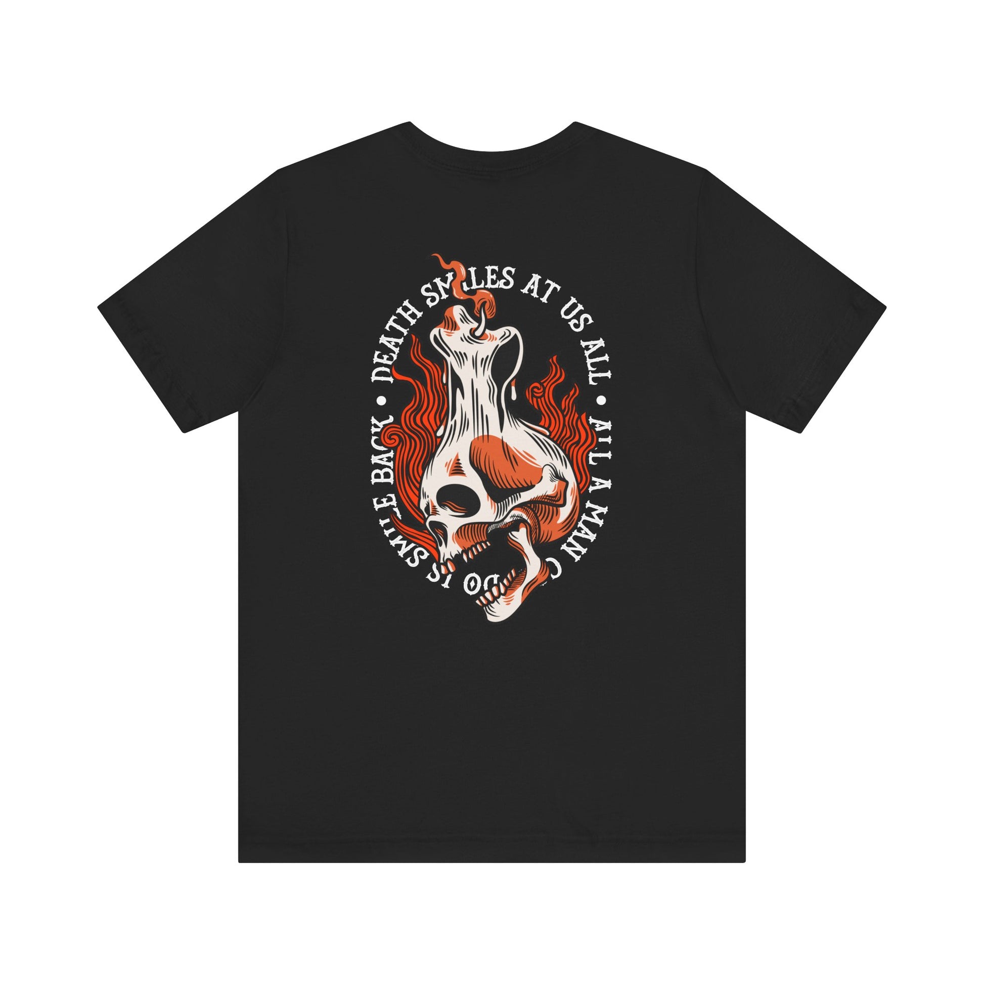 Black t-shirt with a graphic design featuring a skeleton and text on a white background