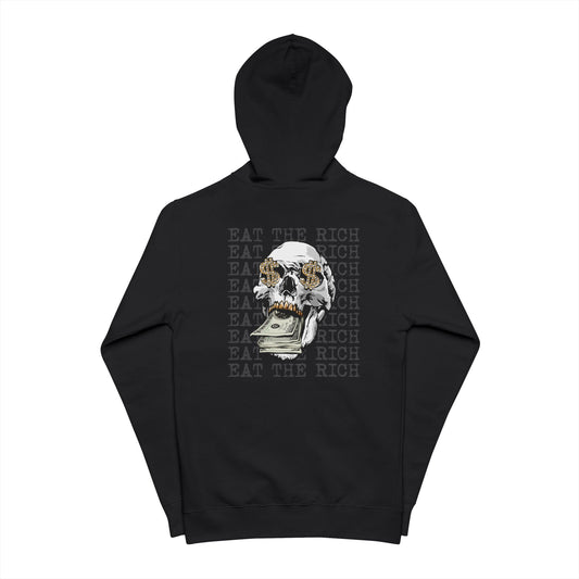 Black hoodie with skull and money design on a white background