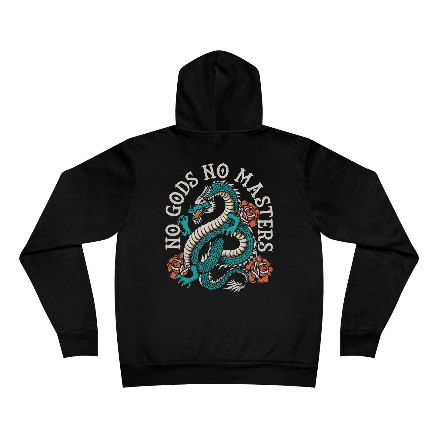 Black hoodie with a dragon design and 'No Gods No Masters' text on the back, displayed against a white background.