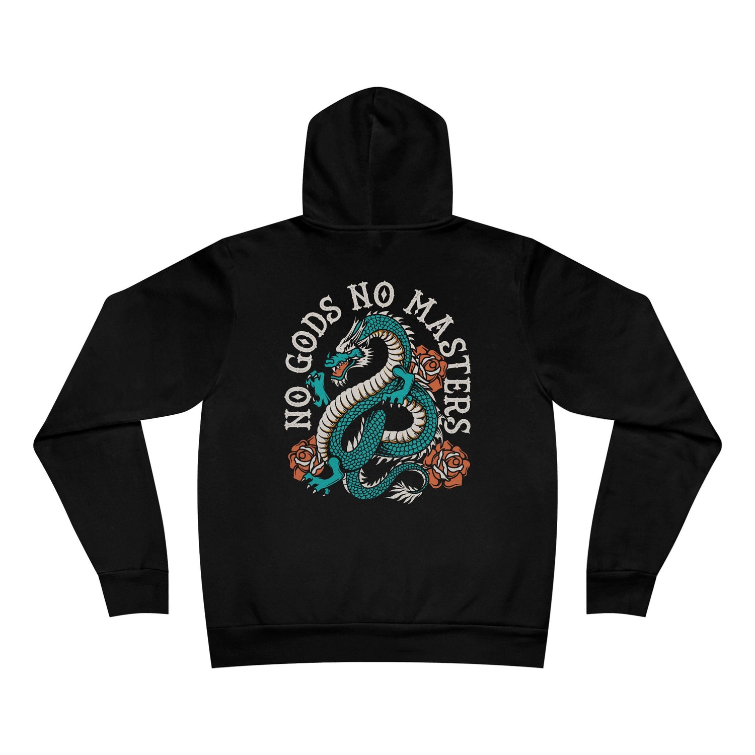 Black hoodie with a dragon design and 'No Gods No Masters' text on the back, displayed against a white background.