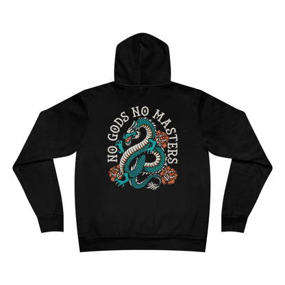 Black hoodie with a dragon design and 'No Gods No Masters' text on the back, displayed against a white background.