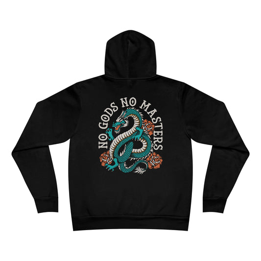 Black hoodie with a dragon design and 'No Gods No Masters' text on the back, displayed against a white background.