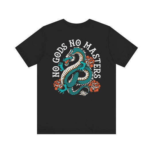 Black t-shirt with a dragon design and 'No Gods No Masters' text on a white background