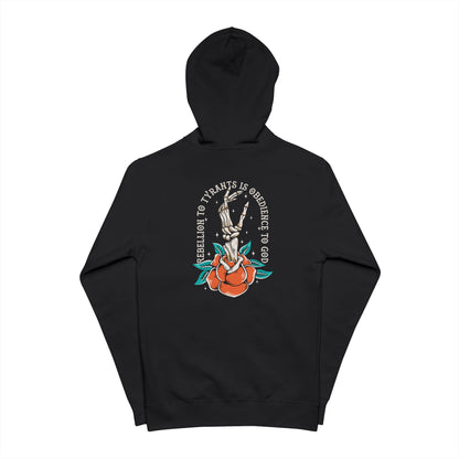Black hoodie with a graphic design on a white background