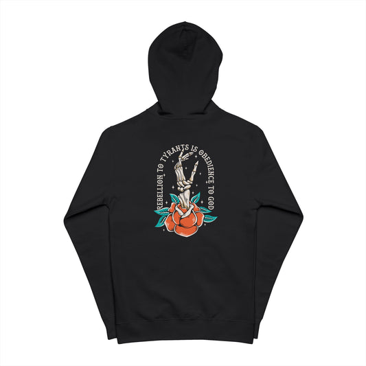 Black hoodie with a graphic design on a white background