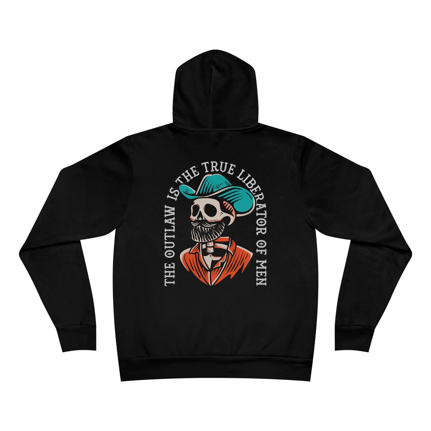 Black hoodie with skeleton design and text on a white background