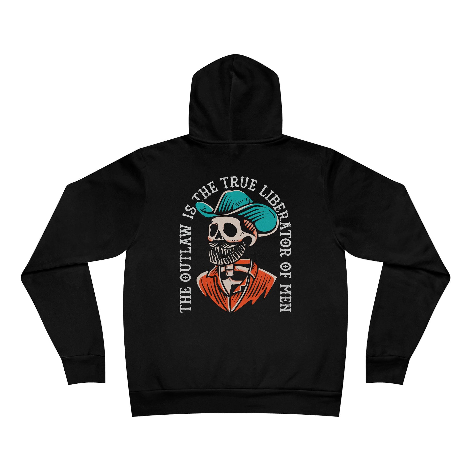Black hoodie with skeleton design and text on a white background