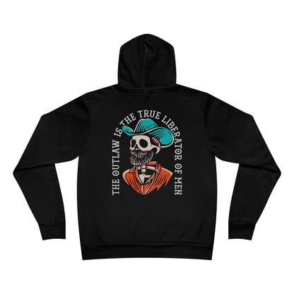 Black hoodie with skeleton design and text on a white background