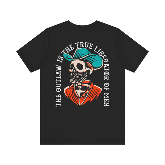 Black t-shirt with a skeleton wearing a hat and coat design on a white background