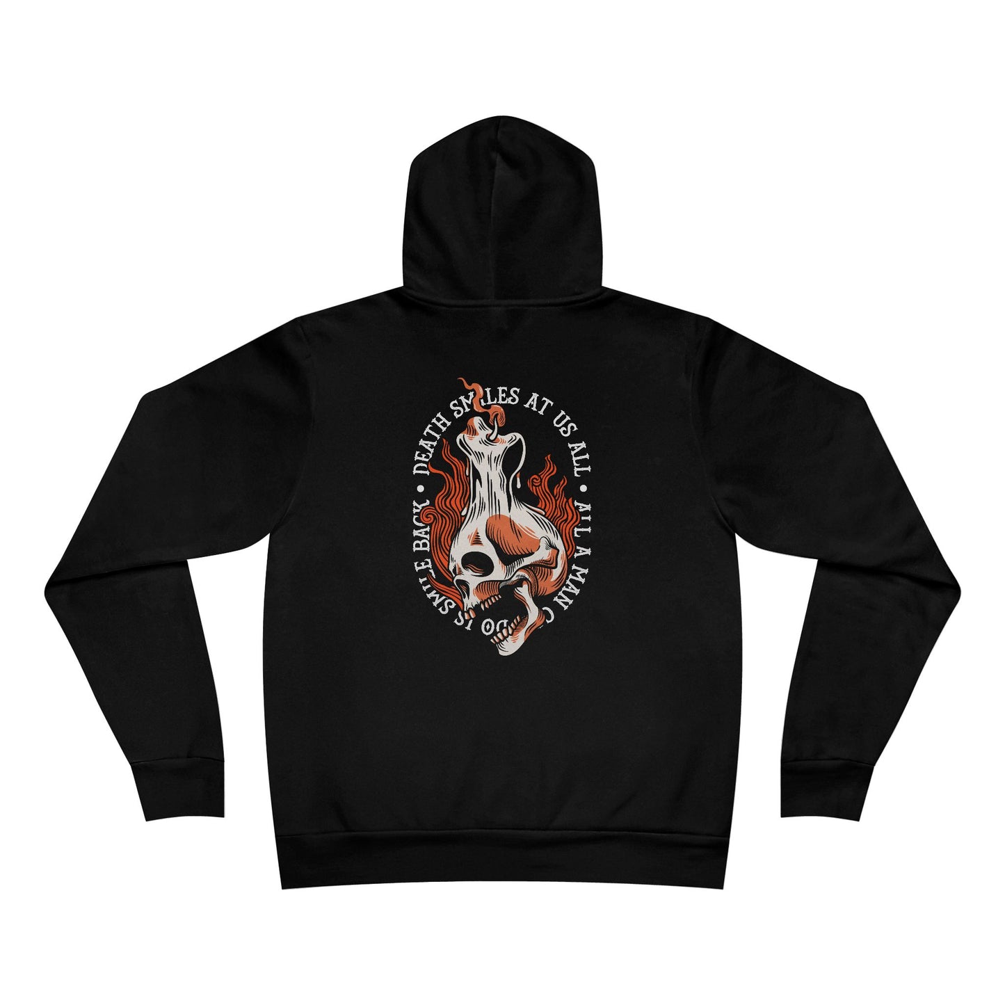 Black hoodie with a graphic design on the back against a white background