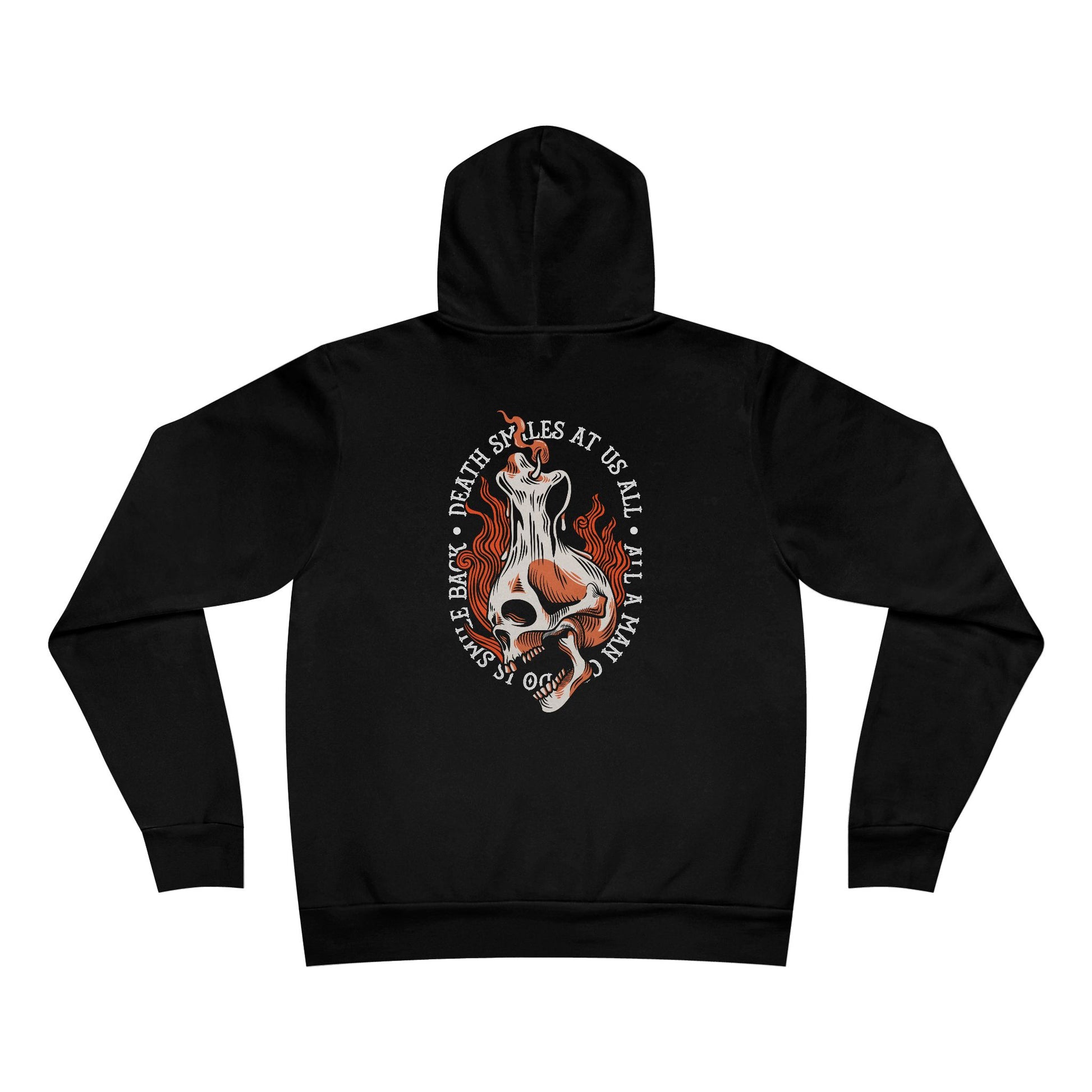 Black hoodie with a graphic design on the back against a white background