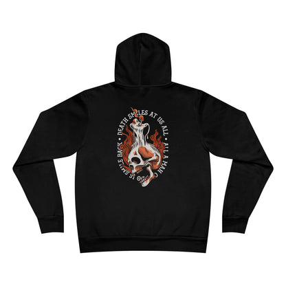 Black hoodie with a graphic design on the back against a white background