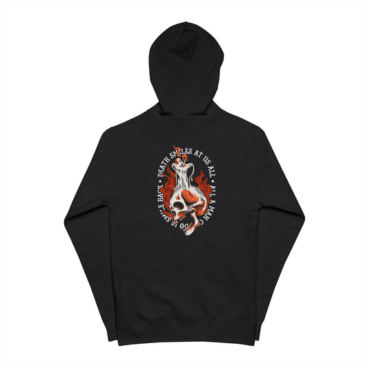 Black hoodie with a graphic design on a white background
