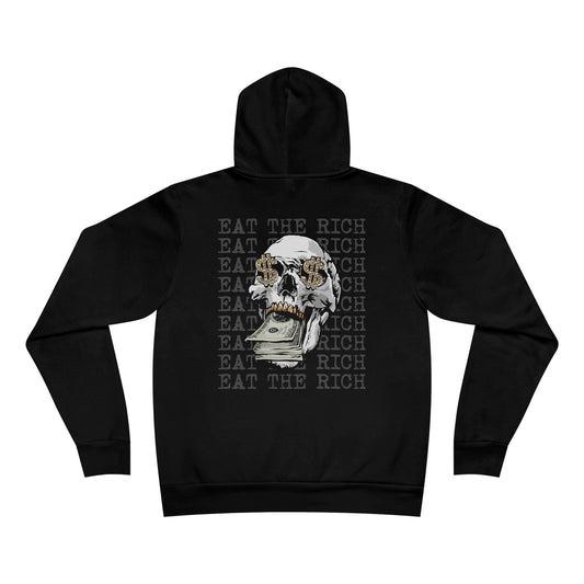 Black hoodie with skull and money design on the back, text 'Eat the Rich' repeated, on a white background.