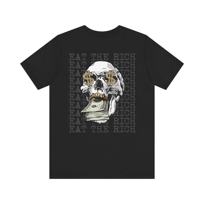 Black t-shirt with a graphic of a skull wearing sunglasses and money, with 'Eat the Rich' text on a white background.