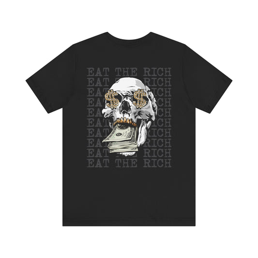Black t-shirt with a graphic of a skull wearing sunglasses and money, with 'Eat the Rich' text on a white background.