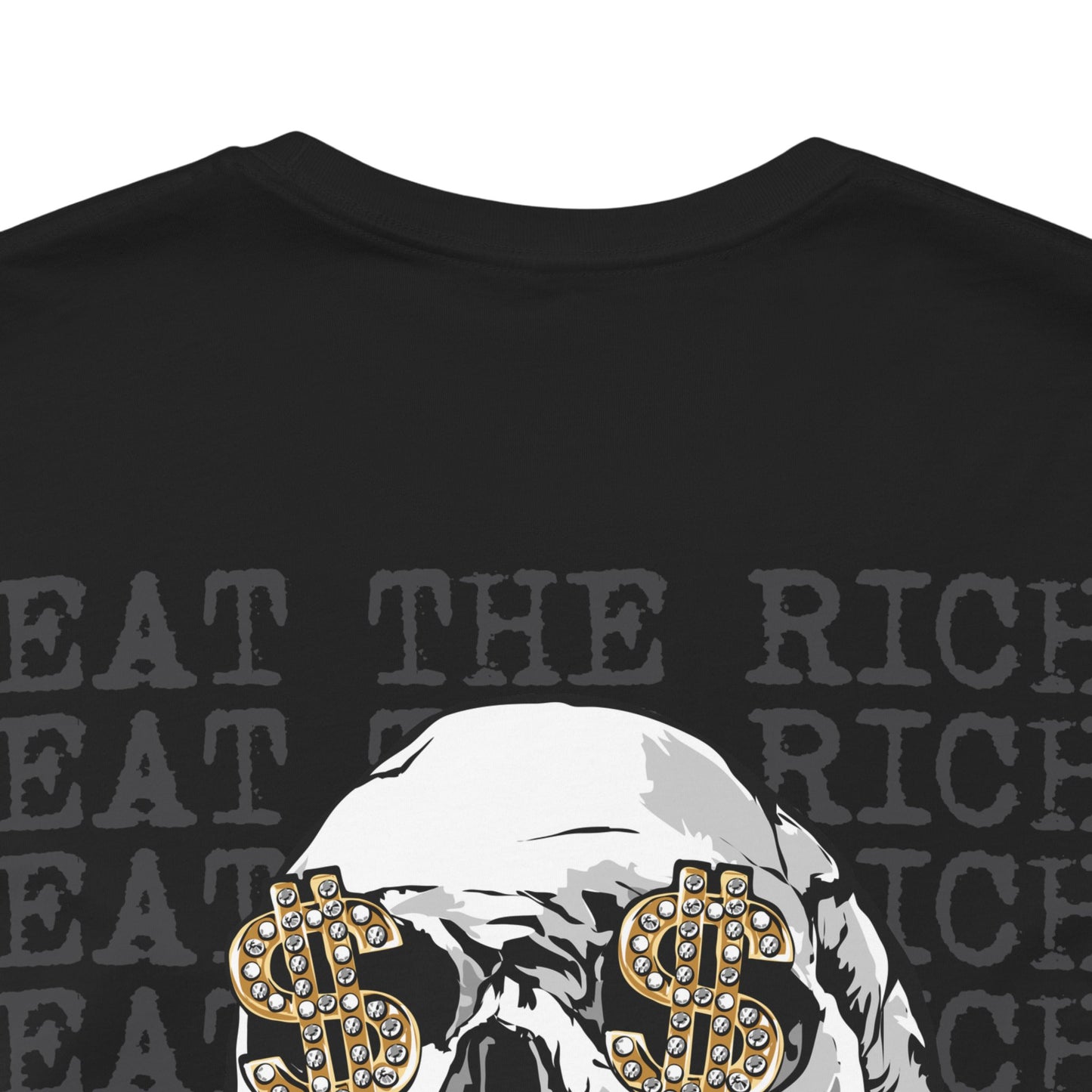 Black t-shirt with a graphic design featuring a skull with dollar signs and text on a white background