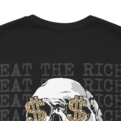 Black t-shirt with a graphic design featuring a skull with dollar signs and text on a white background