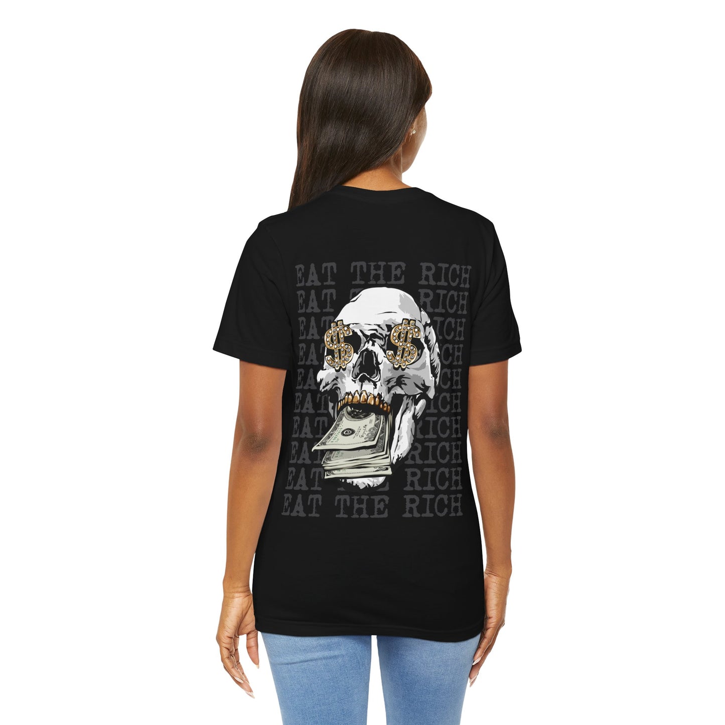 Black t-shirt with a graphic design and text on the back, worn by a woman.