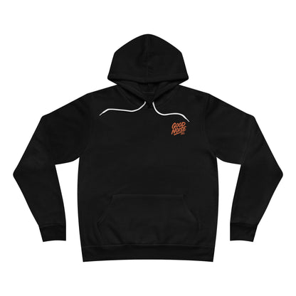 Black hoodie with a logo on the chest against a white background