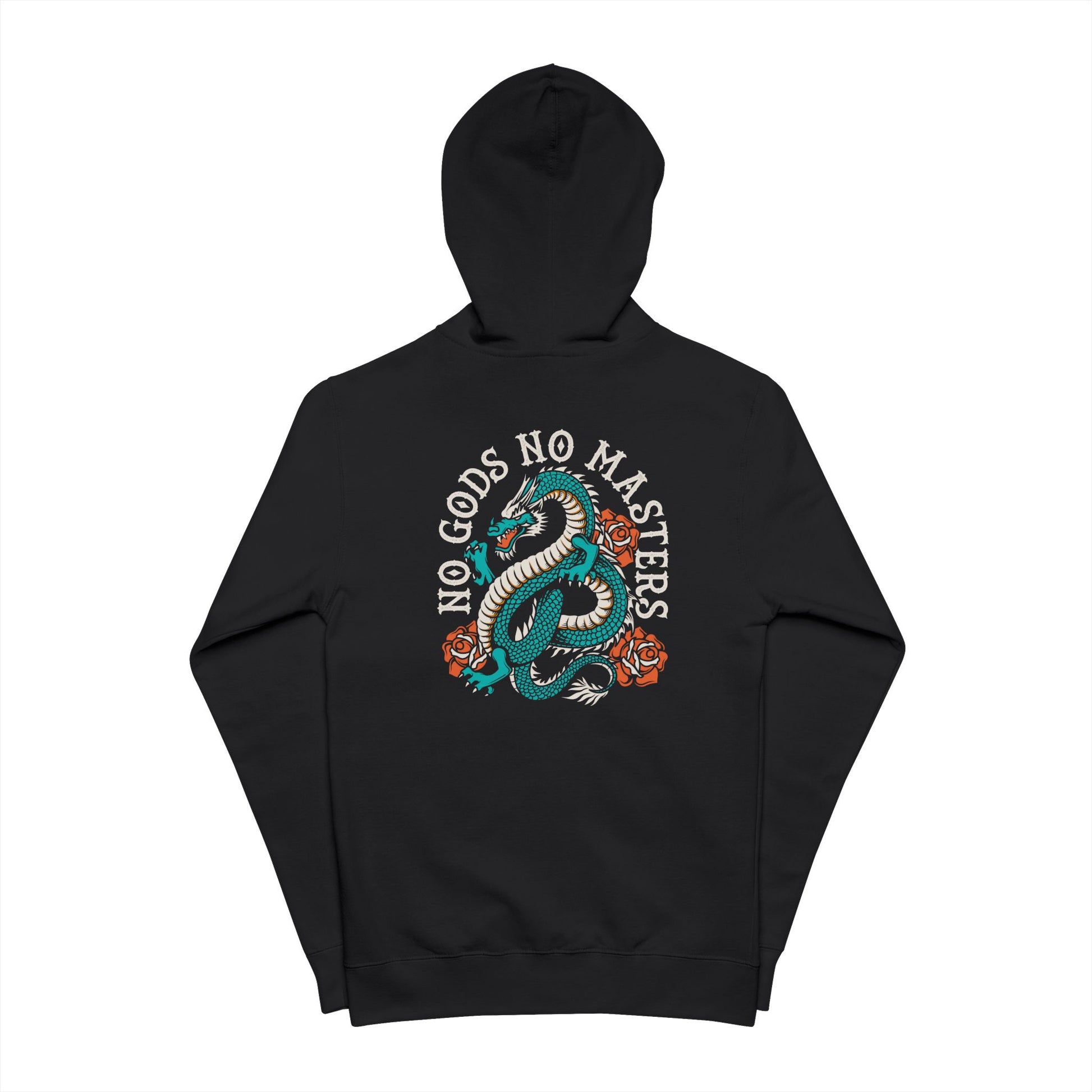 Black hoodie with a dragon design and 'No Gods No Masters' text on a white background