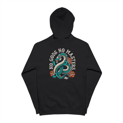Black hoodie with a dragon design and 'No Gods No Masters' text on a white background